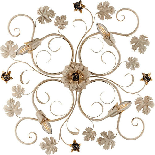 Plafoniera-Iris-4-Luci-Arte-Povera-Con-Foglie-In-Ferro-Avorio-E-Oro