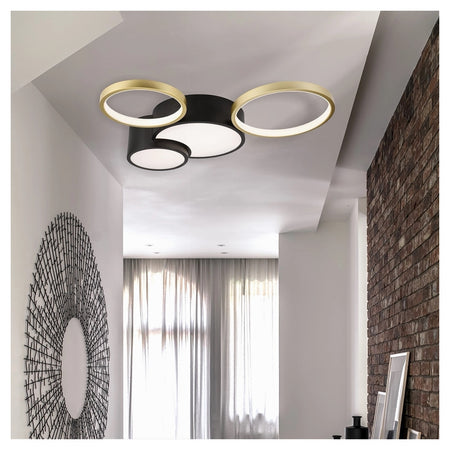 Plafoniera Led 36w 4 Cerchi Oro Nero Lampada Da Soffitto Moderno Luce 4000k 70951