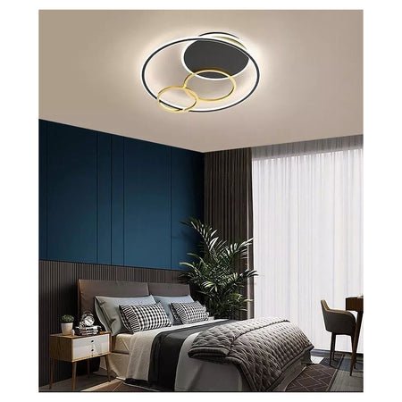Plafoniera Led 55w Tondo Con Cerchi Nero Oro Lampada Da Soffitto Luce 4000k 70876
