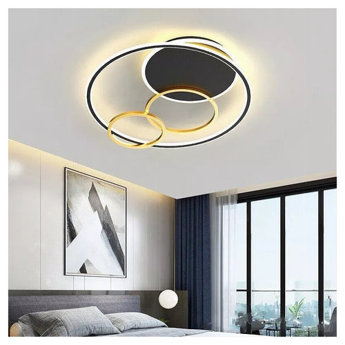 Plafoniera Led 55w Tondo Con Cerchi Nero Oro Lampada Da Soffitto Luce 4000k 70876