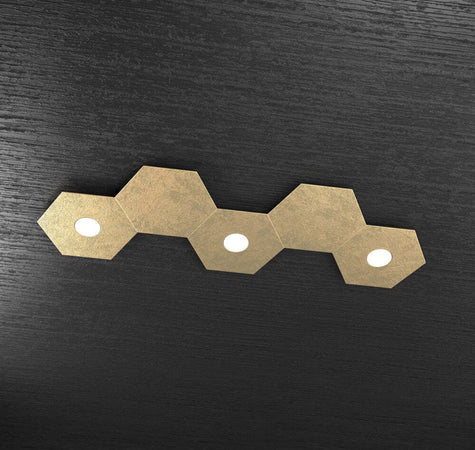 Plafoniera-Moderna-5-Moduli-Hexagon-Metallo-Foglia-Oro-3-Luci-Led-12X3W