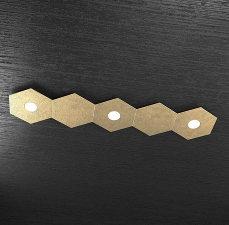 Plafoniera-Moderna-5-Moduli-Hexagon-Metallo-Foglia-Oro-3-Luci-Led-12X3W