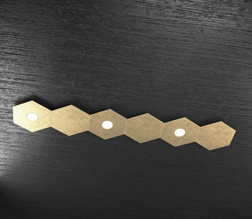 Plafoniera-Moderna-6-Moduli-Hexagon-Metallo-Foglia-Oro-3-Luci-Led-12X3W