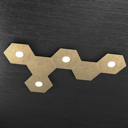 Plafoniera-Moderna-6-Moduli-Hexagon-Metallo-Foglia-Oro-4-Luci-Led-12X4W