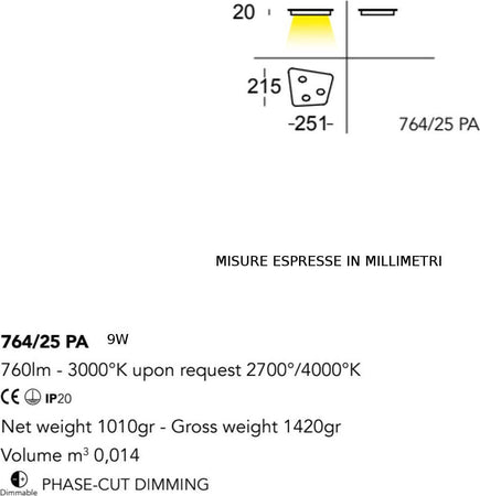 Plafoniera-moderna-Cattaneo-illuminazione-FUORISQUADRA-764-25PA-9W-LED-lampada-soffitto-dimmerabile-metallo-760LM-3000°K-IP20
