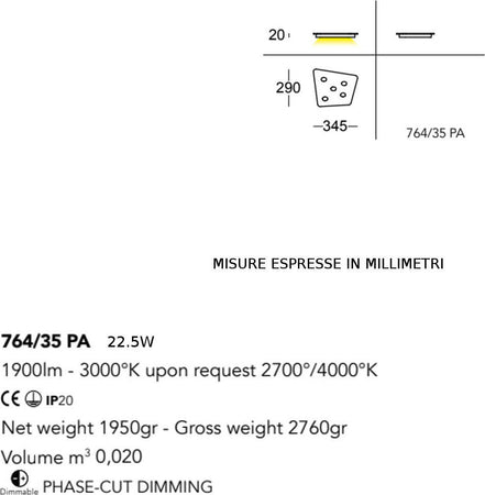 Plafoniera-moderna-Cattaneo-illuminazione-FUORISQUADRA-764-35PA-22.5W-LED-lampada-soffitto-dimmerabile-metallo-1900LM-3000°K