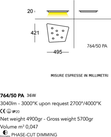 Plafoniera-moderna-Cattaneo-illuminazione-FUORISQUADRA-764-50PA-36W-LED-lampada-soffitto-dimmerabile-metallo-3040LM-3000°K-IP20