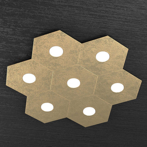 Plafoniera-Moderna-Hexagon-Metallo-Foglia-Oro-7-Luci-Led-12X7W