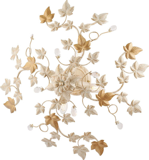 Plafoniera-Shabby-Edera-4-Luci-Ferro-Battuto-Avorio-Oro-Con-Foglie-E-Cristalli