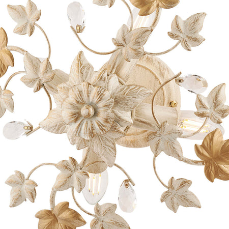 Plafoniera-Shabby-Edera-4-Luci-Ferro-Battuto-Avorio-Oro-Con-Foglie-E-Cristalli