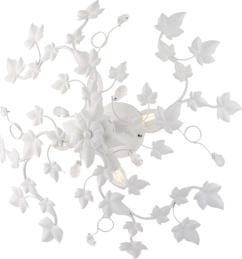 Plafoniera-Shabby-Edera-4-Luci-Ferro-Battuto-Bianco-Con-Foglie-E-Cristalli