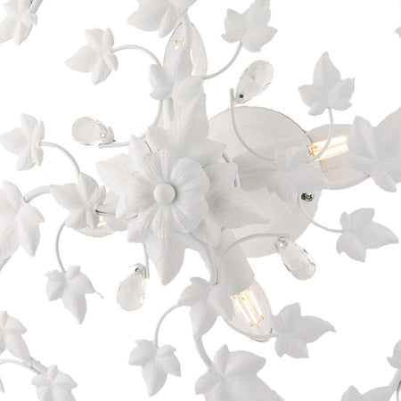 Plafoniera-Shabby-Edera-4-Luci-Ferro-Battuto-Bianco-Con-Foglie-E-Cristalli