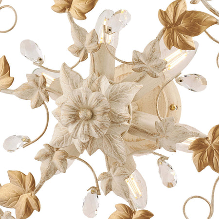 Plafoniera-Shabby-Edera-6-Luci-Ferro-Battuto-Avorio-Oro-Con-Foglie-E-Cristalli