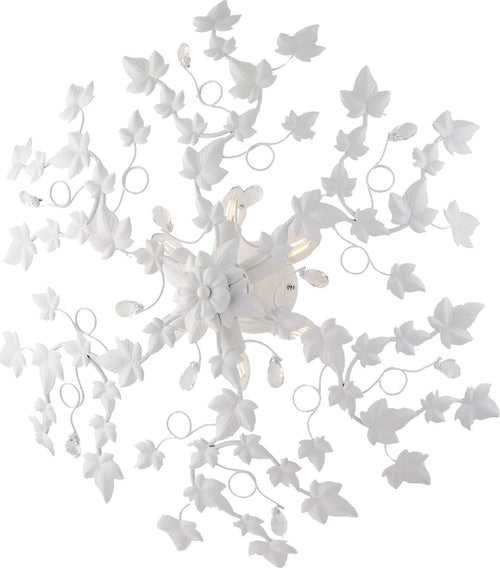 Plafoniera-Shabby-Edera-6-Luci-Ferro-Battuto-Bianco-Con-Foglie-E-Cristalli