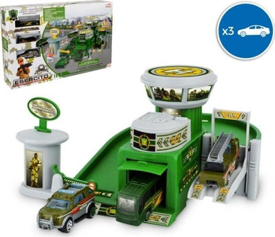 Playset-Quartier-Generale-Militare-Garage-3-Auto-Con-Accessori-E-Adesivi