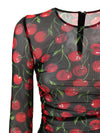 Dolce & Gabbana Maglia a Manica Lunga in Tulle Nero Stampa Ciliegie da donna