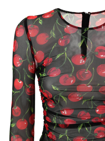 Dolce &amp; Gabbana Maglia a Manica Lunga in Tulle Nero Stampa Ciliegie da donna