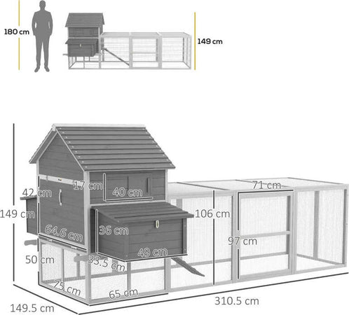Pollaio-da-Giardino-con-Casetta-per-Galline,-Rampa-e-Area-Aperta,-310.5x149.5x149cm,-Grigio-LS9D51-150V01GYLS9