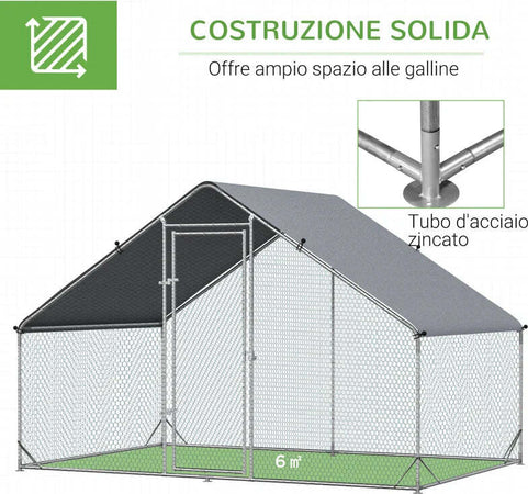 Pollaio-da-Giardino-con-Telaio-Zincato,-Copertura-Impermeabile-e-Rete-Esagonale,-3x2x2m,-Argento-UJ5D51-277UJ5