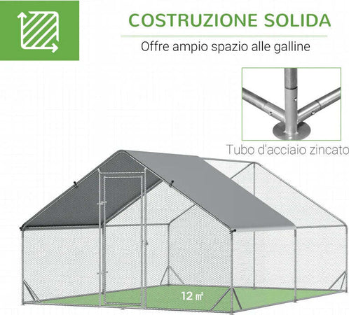 Pollaio-da-Giardino-con-Telaio-Zincato,-Copertura-Impermeabile-e-Rete-Esagonale,-3x4x2-m,-Argento-MS5D51-277V01MS5