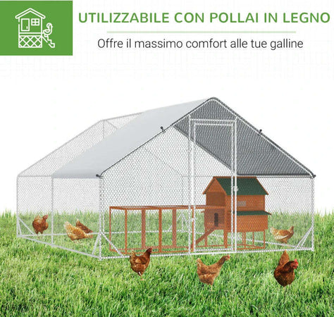 Pollaio-da-Giardino-con-Telaio-Zincato,-Copertura-Impermeabile-e-Rete-Esagonale,-3x8x2m,-Argento-KI9D51-277V03KI9