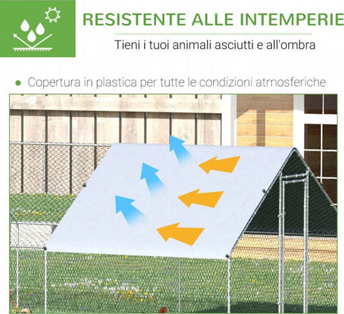 Pollaio-da-Giardino-con-Telaio-Zincato,-Copertura-Impermeabile-e-Rete-Esagonale,-3x8x2m,-Argento-KI9D51-277V03KI9