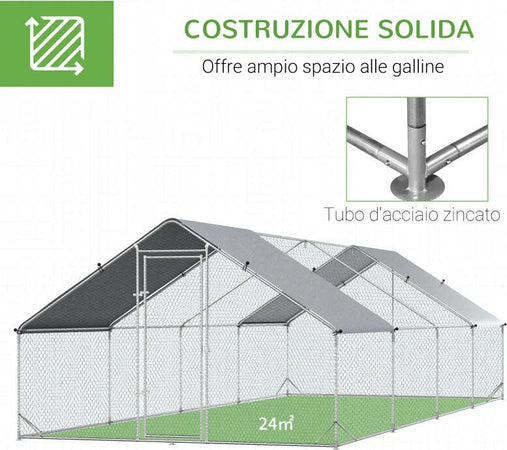 Pollaio-da-Giardino-con-Telaio-Zincato,-Copertura-Impermeabile-e-Rete-Esagonale,-3x8x2m,-Argento-KI9D51-277V03KI9