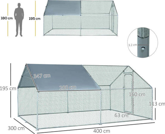 Pollaio-per-Galline-da-Esterno-in-Metallo-con-Copertura-in-Tessuto-Oxford,-300x400x195-cm,-Argento-GT8D51-139V07SRGT8