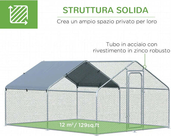 Pollaio-per-Galline-da-Esterno-in-Metallo-con-Copertura-in-Tessuto-Oxford,-300x400x195-cm,-Argento-GT8D51-139V07SRGT8