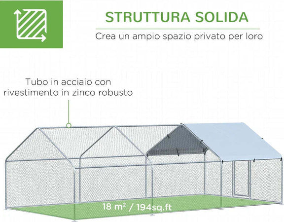 Pollaio-per-Galline-da-Esterno-in-Metallo-con-Copertura-in-Tessuto-Oxford,-600x303.5x195-cm,-Argento-LK4D51-139V08SRLK4