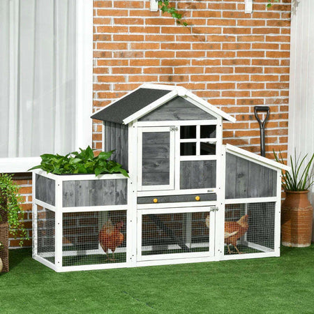 Pollaio-Prefabbricato-in-Legno-con-Area-Aperta,-Casetta-e-Nido,-161.5x62.5x115cm,-Grigio-MJ4D51-361V00GYMJ4