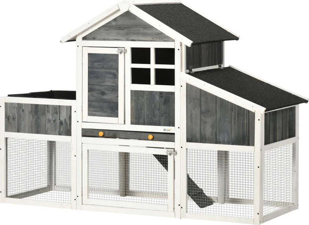 Pollaio-Prefabbricato-in-Legno-con-Area-Aperta,-Casetta-e-Nido,-161.5x62.5x115cm,-Grigio-MJ4D51-361V00GYMJ4