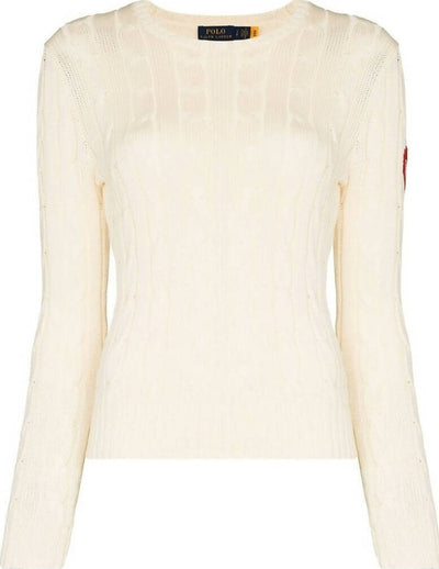 Polo-Ralph-Lauren-Maglione-Donna-Bianco-A-Trecce-Logo-Rl-Cuore-Rosso-Sulla-Manica