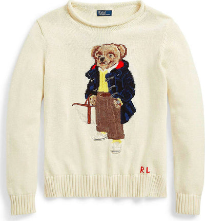 Polo-Ralph-Lauren-Maglione-Donna-Pull-Bear-In-Cotone-Bianco-Crema-Orsetto-E-Logo-Rl-Ricamati