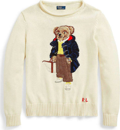 Polo-Ralph-Lauren-Maglione-Donna-Pull-Bear-In-Cotone-Bianco-Crema-Orsetto-E-Logo-Rl-Ricamati