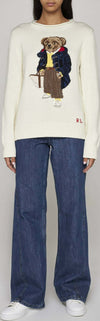 Polo-Ralph-Lauren-Maglione-Donna-Pull-Bear-In-Cotone-Bianco-Crema-Orsetto-E-Logo-Rl-Ricamati