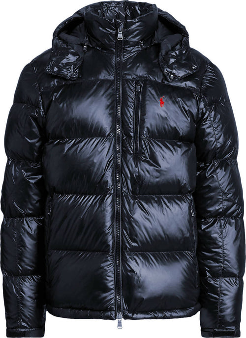 Polo-Ralph-Lauren-Piumino-Uomo-Gorham-Lucido-Blu-Giubbotto-Con-Cappuccio-E-Zip-Pony-Rosso-Ricamato