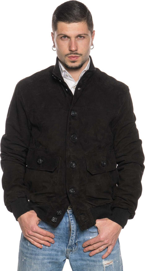 Polo-Uomo---Bomber-Nero-in-vera-pelle-scamosciata