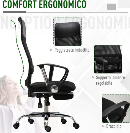 Poltrona-da-Ufficio-Ergonomica,-Altezza-Regolabile,-Reclinabile,-Poggiapiedi-Estraibile,-Supporto-Lombare,-Nero-GH4921-316GH4