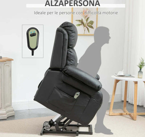 Poltrona-Relax-Elettrica-e-Alzapersona-Reclinabile-fino-160°-con-Telecomando,-in-Similpelle---Nero-WE4713-092V90BKWE4