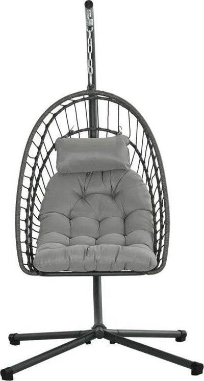Poltrona-Sospesa-in-Rattan-PE-con-Cuscino,-Seduta-Pieghevole-e-Struttura-in-Acciaio,-Grigio-867-157V00CG