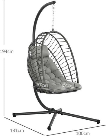 Poltrona-Sospesa-in-Rattan-PE-con-Cuscino,-Seduta-Pieghevole-e-Struttura-in-Acciaio,-Grigio-867-157V00CG