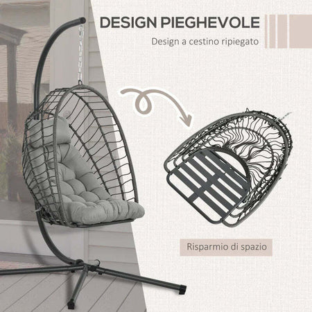 Poltrona-Sospesa-in-Rattan-PE-con-Cuscino,-Seduta-Pieghevole-e-Struttura-in-Acciaio,-Grigio-867-157V00CG