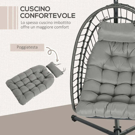 Poltrona-Sospesa-in-Rattan-PE-con-Cuscino,-Seduta-Pieghevole-e-Struttura-in-Acciaio,-Grigio-867-157V00CG