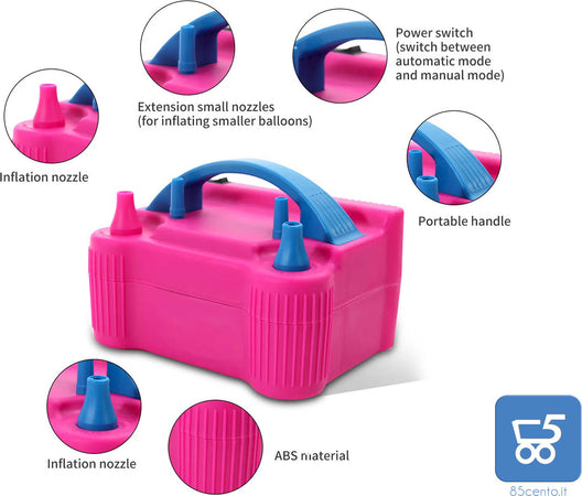 Pompa gonfiatore d'aria palloncini elettrica portatile 600 W doppio ugello spina italiana