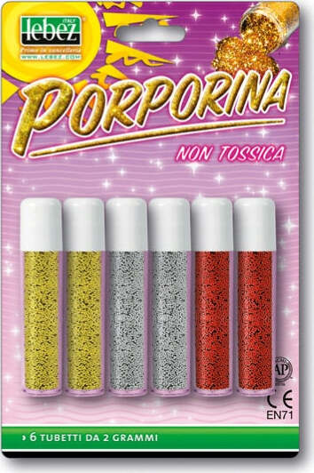 Porporina glitter - 2gr - colori assortiti - Lebez - conf. 6 tubi Casa e cucina/Hobby creativi/Materiali per hobby creativi/Glitter Eurocartuccia - Pavullo, Commerciovirtuoso.it