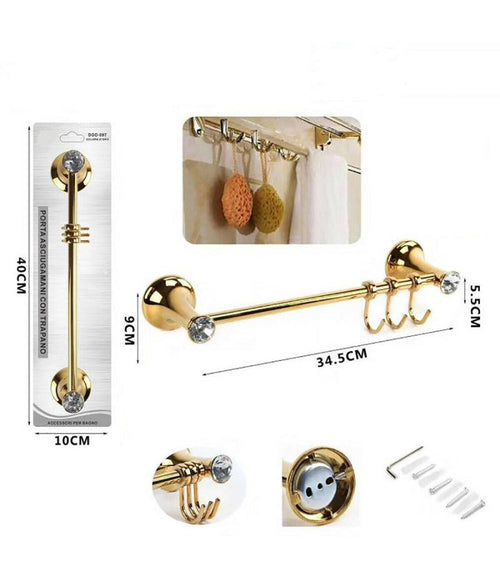 Porta Asciugamani 3 Ganci Supporto Arredo Bagno Casa Cucina Dorato Oro Dgo-097