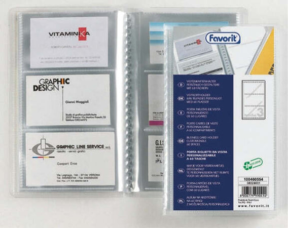 Porta biglietti da visita personalizzabile - 20 buste da 3 tasche - 12 5x20 5 cm - Favorit Cancelleria e prodotti per ufficio/Archivio ufficio e accessori per scrivania/Accessori da scrivania e archiviazione/Porta biglietti da visita Eurocartuccia - Pavullo, Commerciovirtuoso.it