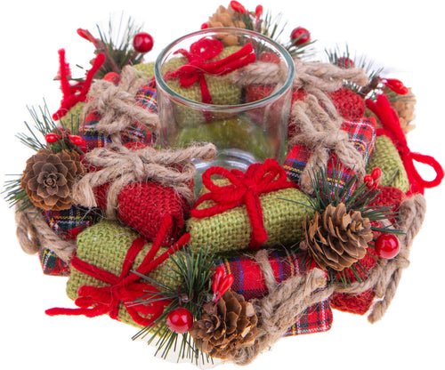 Porta-candela-con-decorazioni-pacchi-regalo-e-pigne-per-interni-H6-cm