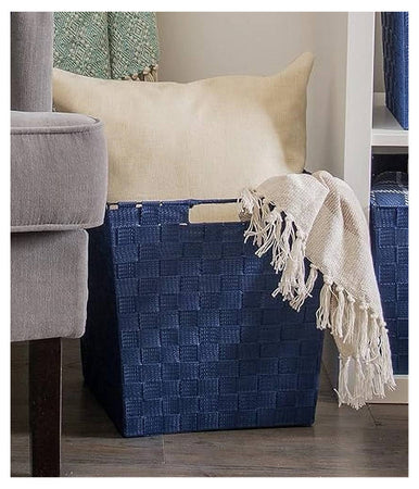 Porta Oggetti Cesto In Tessuto Intrecciato 38 X 26 X 25cm Con Maniglie Blu 79040